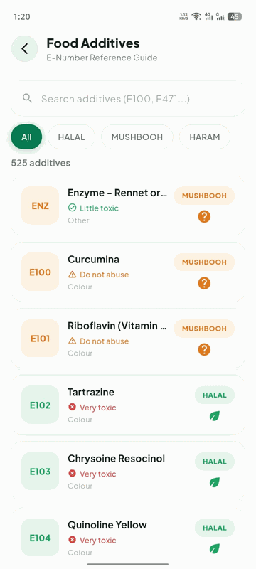 The Food Additives reference screen listing E-numbers with Halal, Mushbooh and Haram labels.
