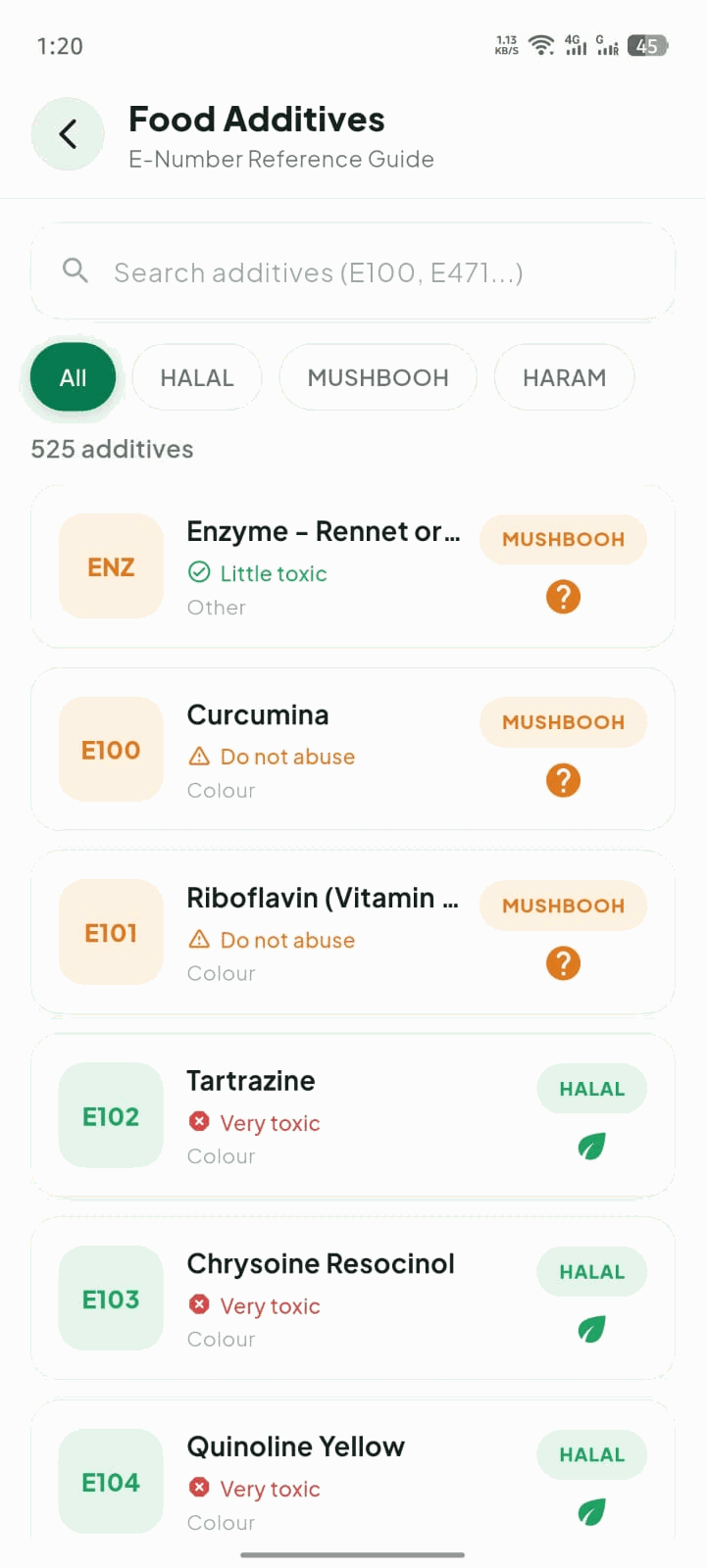 The Food Additives reference guide, searchable across 525 entries and filterable by Halal, Mushbooh and Haram.