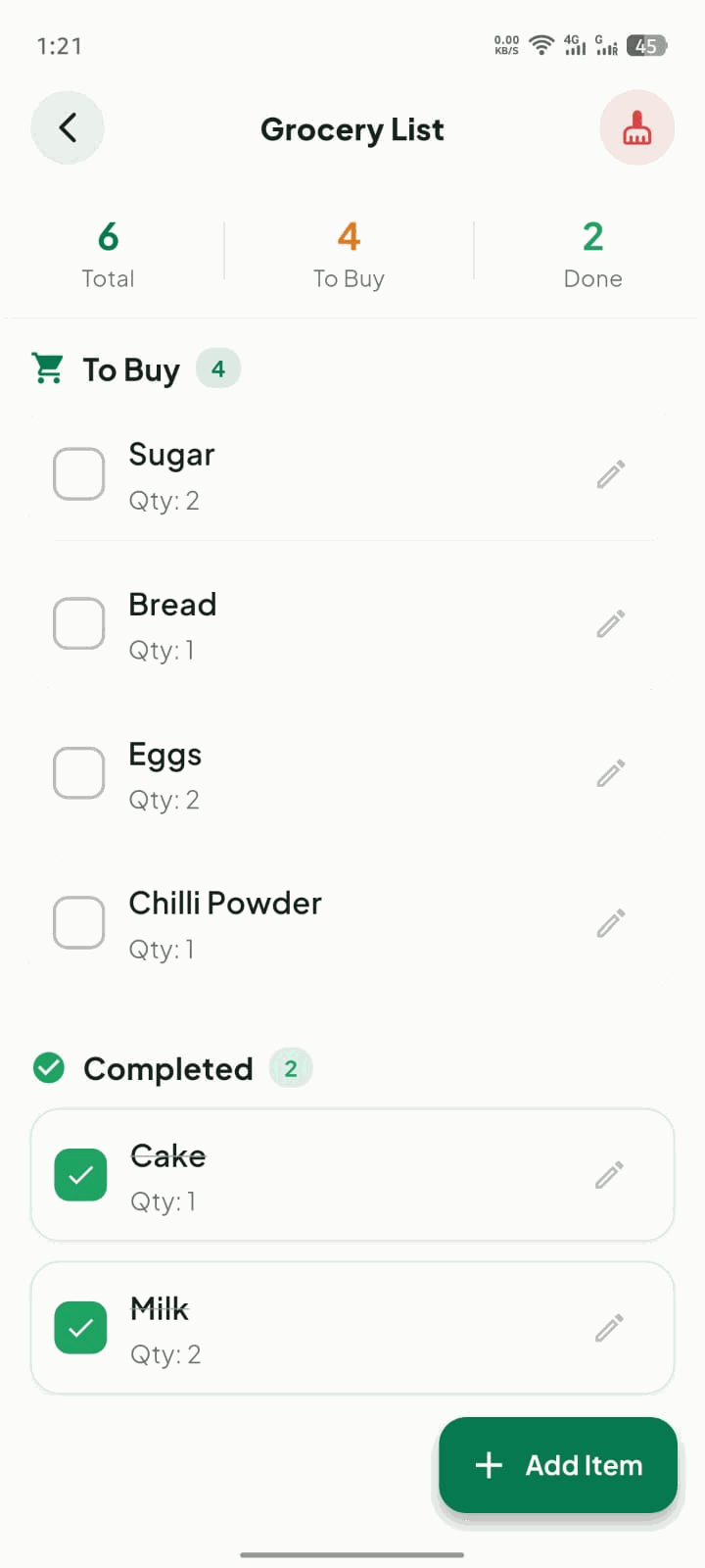 The Grocery List screen, showing items to buy and completed items with quantities.