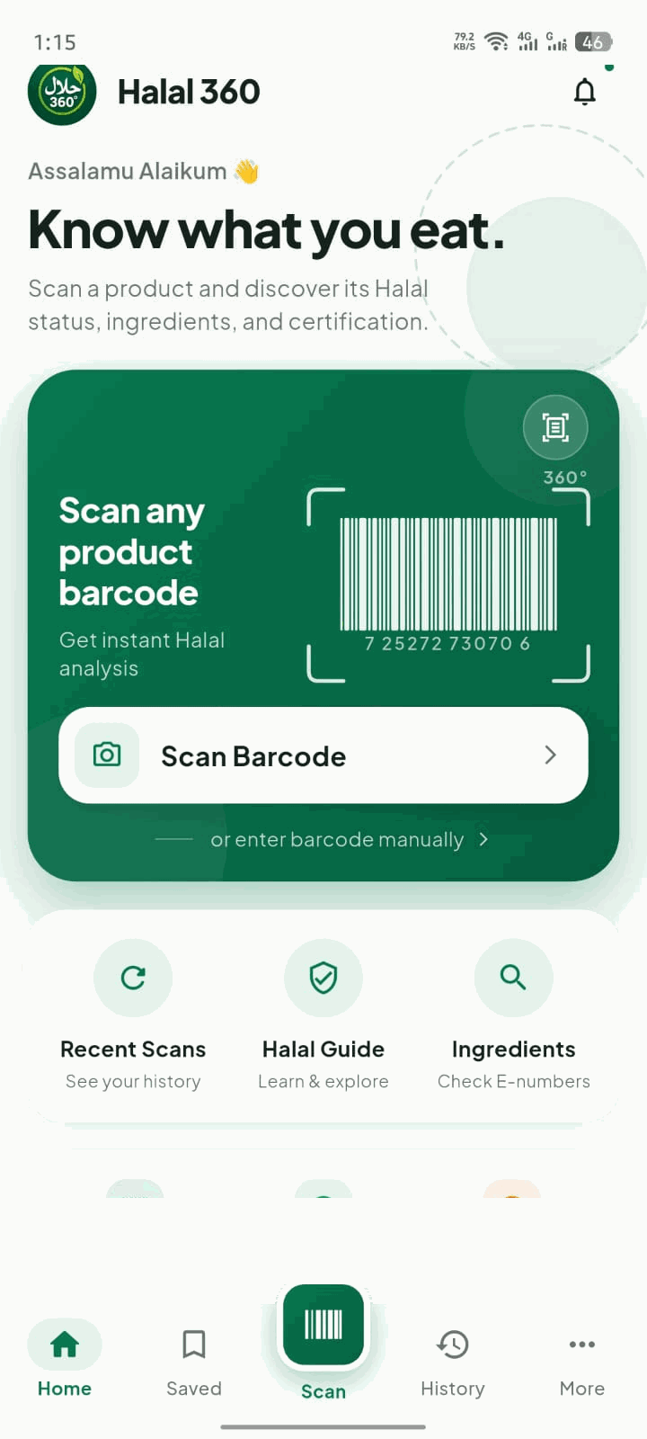 The Halal 360 home screen, with a Scan Barcode card and shortcuts to recent scans, the Halal guide and the ingredients reference.
