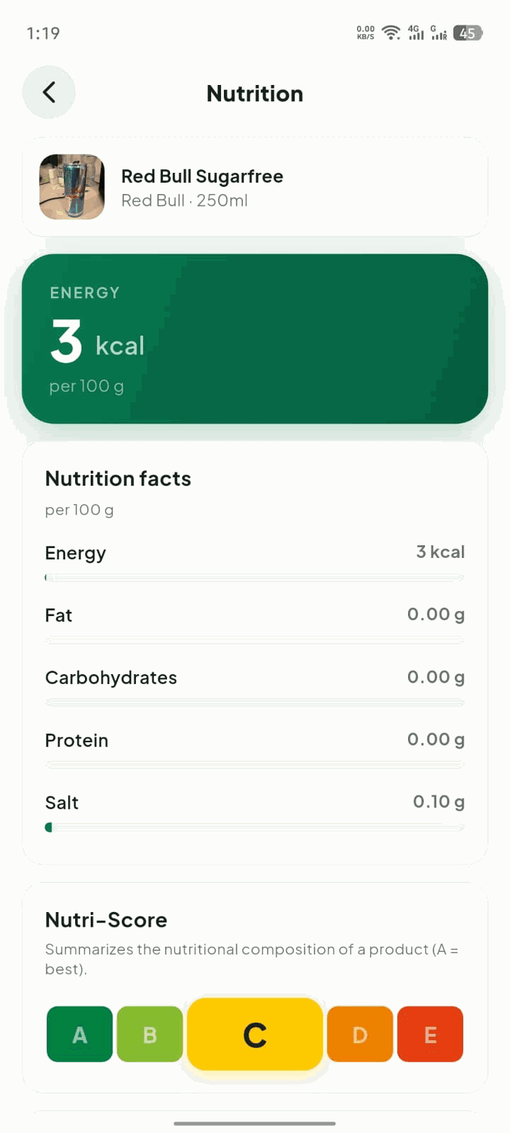 The Nutrition screen, showing nutrition facts per 100g, a Nutri-Score rating and a NOVA processing level.