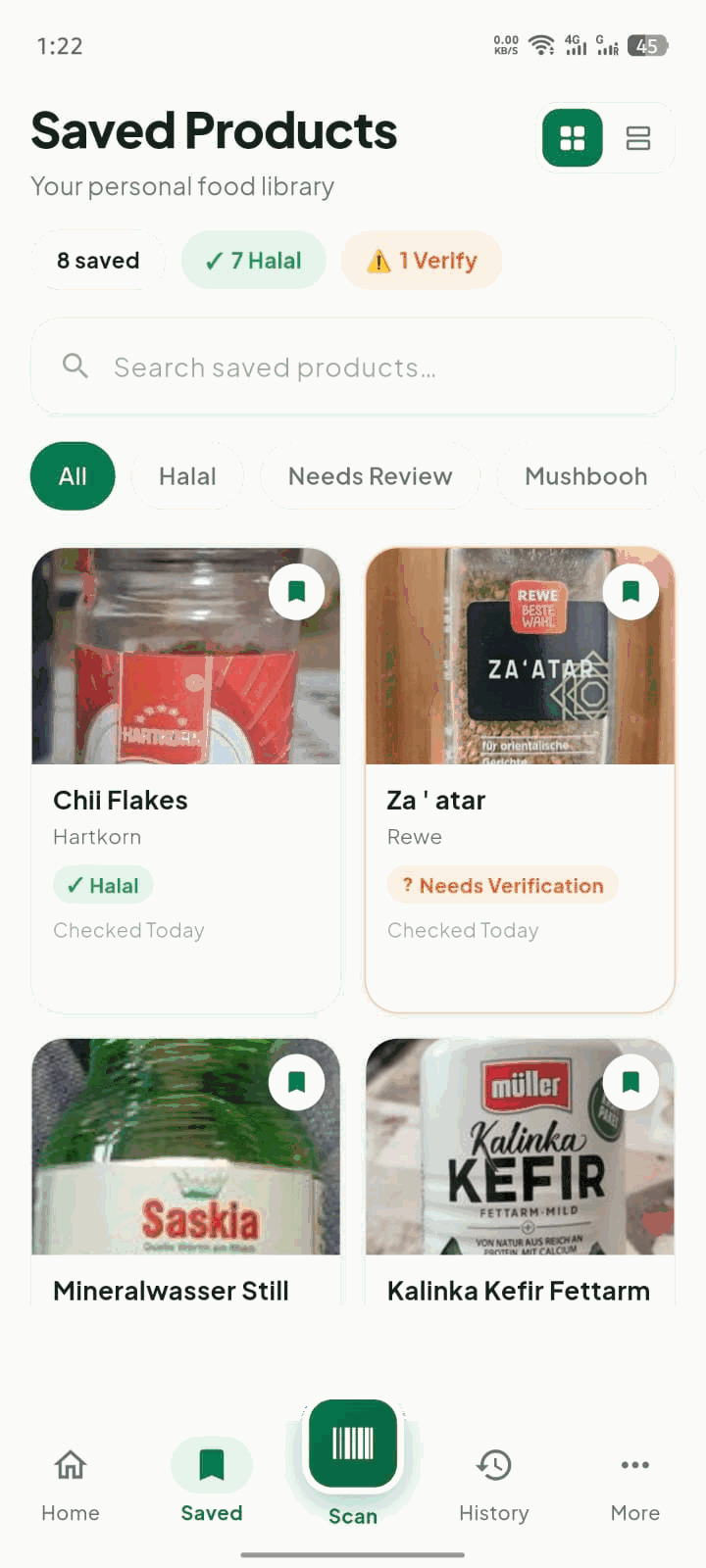 The Saved Products screen: a personal food library with search, status filters and a grid or list view.
