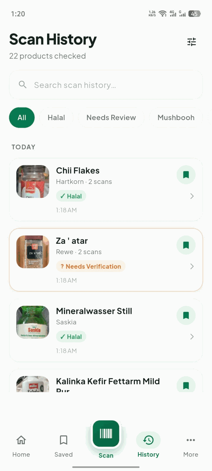 The Scan History screen, listing previously checked products grouped by day with their status.