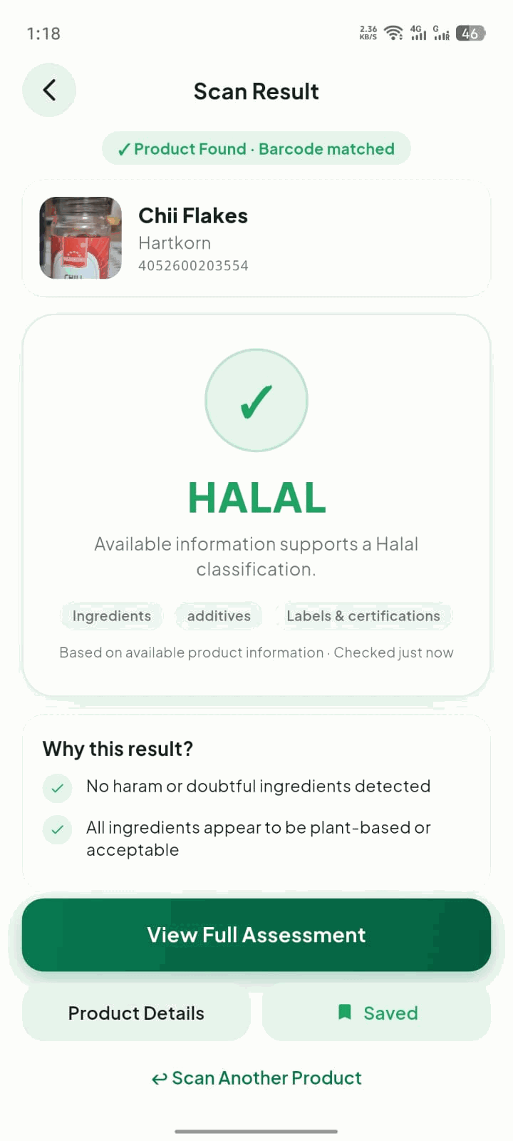 A scan result screen showing a product classified as Halal, with the reasons behind the classification.
